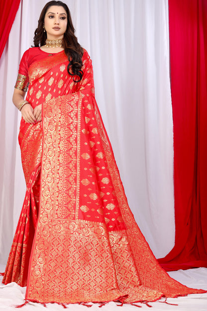 Bridal Red Banarasi Silk Saree With Heavy Zari Weaving Work | Wedding Wear – JaipurSaaj