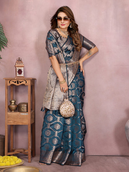 Navy Blue Organza Silk Banarasi Saree With Zari Weaving Work | Bridal Wedding & Festive Wear – JaipurSaaj