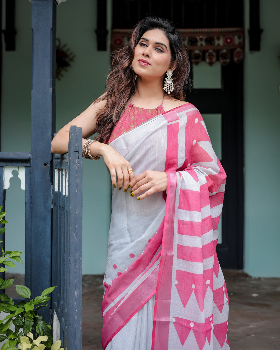 White And Pink Floral Digital Printed Linen Cotton Saree