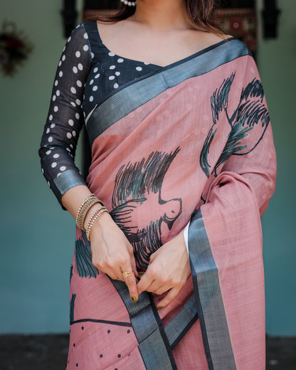Pink Floral Digital Printed Linen Cotton Saree | Office & Casual Ethnic Wear – JaipurSaaj
