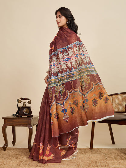 Maroon Linen Cotton Saree With Digital Printed Work And Silver Zari Border | Lightweight Festive & Party Wear – JaipurSaaj