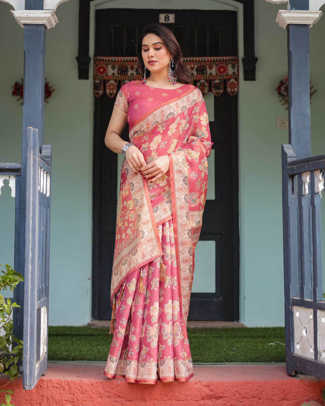 Gajari Soft Linen Cotton Saree With Kalamkari Printed Work