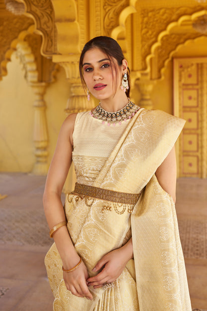 Off White Soft Silk Saree With Zari Weaving Work | Party & Wedding Wear – JaipurSaaj