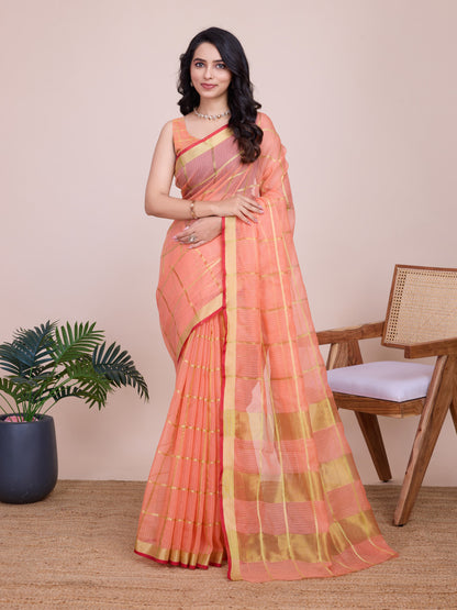 Peach Kota Doriya Saree With Zari Weaving Work