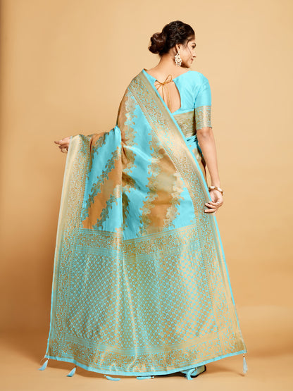 Sky Blue Soft Linen Silk Saree With Zari Weaving Work | Wedding & Festive Wear – JaipurSaaj