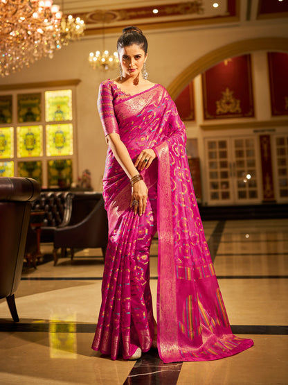 Rani Pink Green Organza Silk Saree with Zari Weaving Work | Wedding & Festive Wear – JaipurSaaj