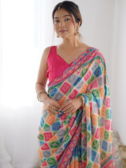 Multi Georgette Saree With Printed And Mirror Work With Arco Border
