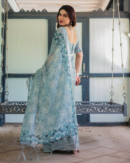 Sky Blue Summer Special Digital Printed Linen Cotton Saree