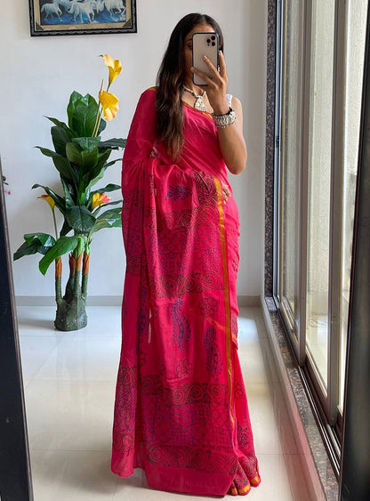 Pink Muslin Cotton Silk Saree With Hand Block Print & Zari Border | Ethnic Wear – JaipurSaaj