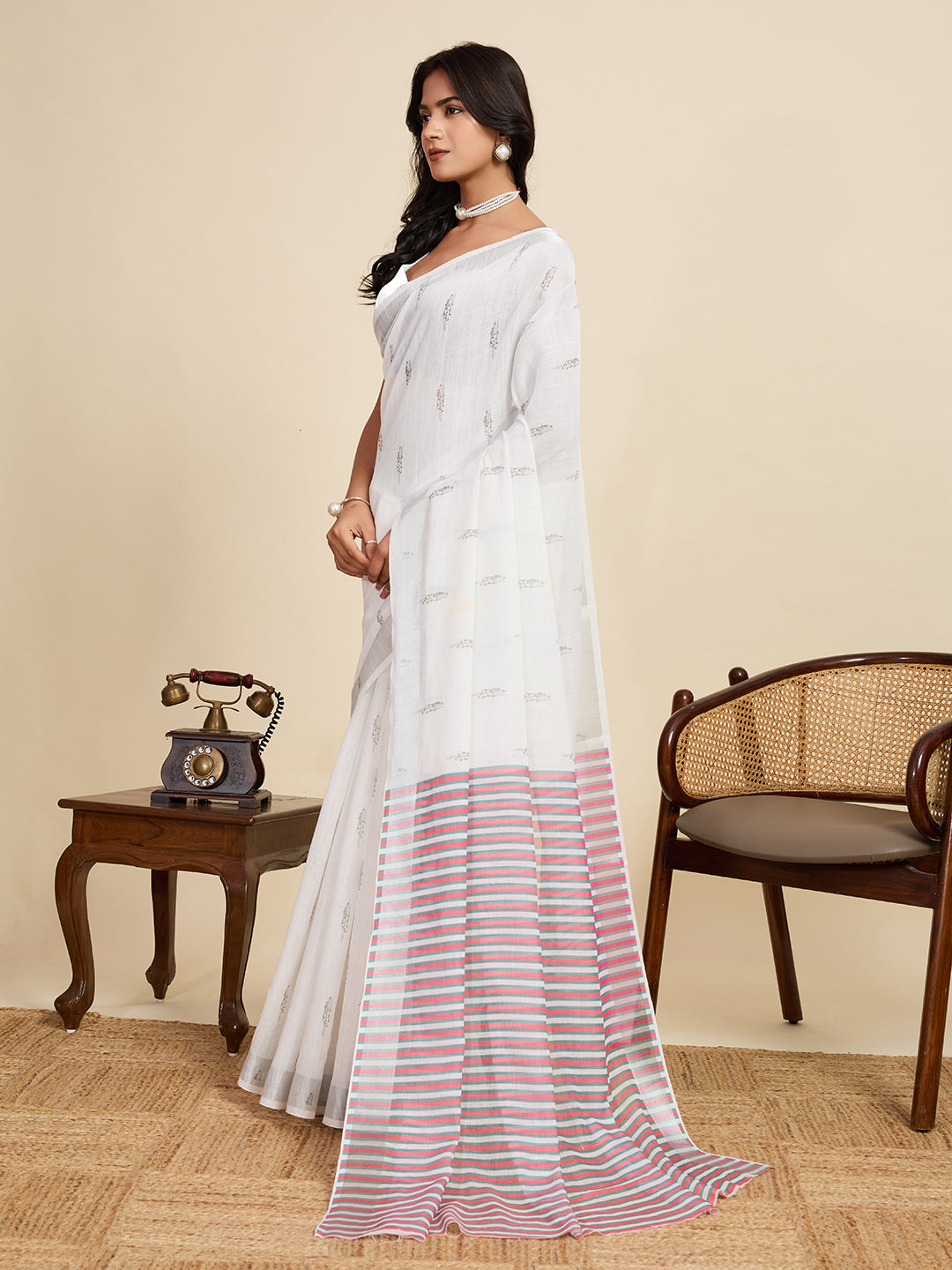 White Linen Cotton Saree With Digital Printed Work And Silver Zari Border