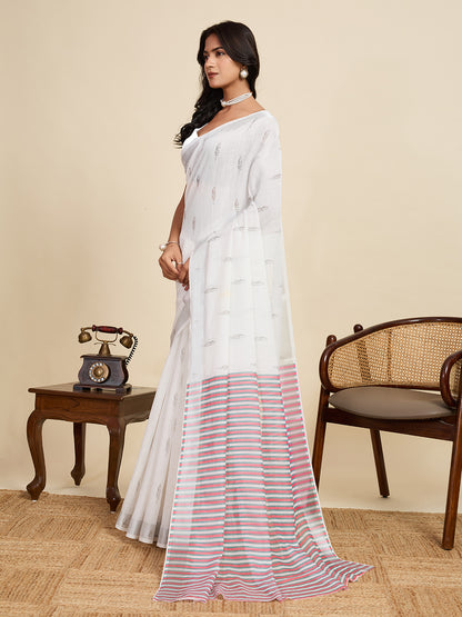 White Linen Cotton Saree With Digital Printed Work And Silver Zari Border
