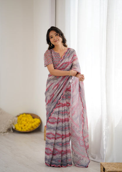 Multi Georgette Saree With Printed And Mirror Work With Arco Border