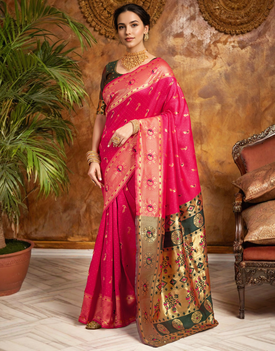 Traditional Pink Paithani Silk Saree With Zari Weaving Work