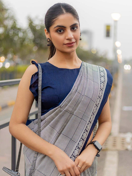 Navy Blue Color Soft Pure Cotton Silk Saree With Jaipur Block Print Work