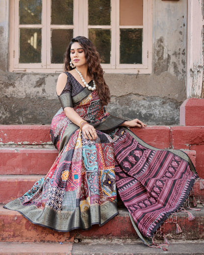 Multi Color Tussar Silk Saree With Digital Kalamkari Print & Zari Motif Border | Casual & Festive Wear – JaipurSaaj