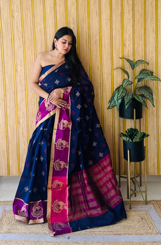 Royal Blue Soft Cotton Saree With Jacquard Border