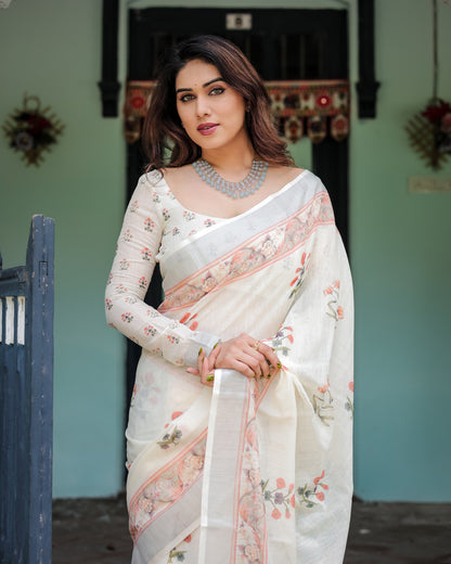 Off White Summer Special Digital Printed Linen Cotton Saree