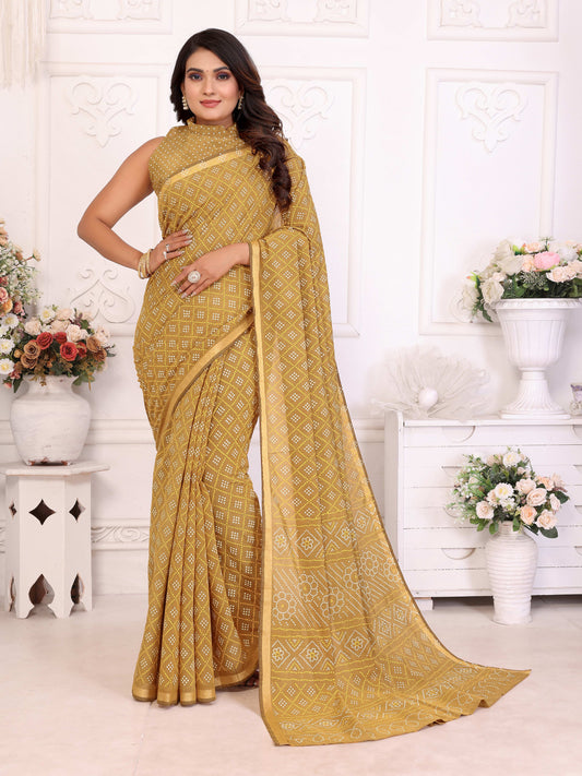 Beige Bandhej Printed Soft Cotton Saree With Zari Border