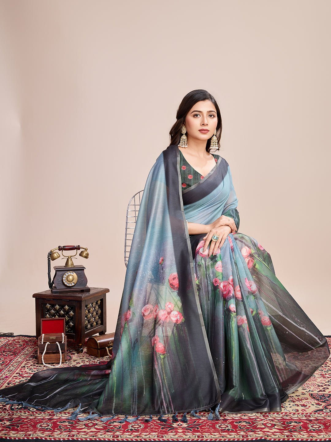 Gray Soft Linen Cotton Saree With Floral Printed Work | Lightweight Traditional Ethnic Wear – JaipurSaaj