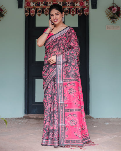 Multi Soft Linen Cotton Saree With Digital Printed Work