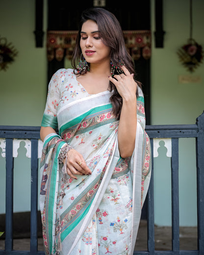 White Summer Special Digital Printed Linen Cotton Saree