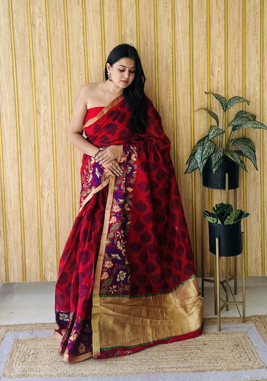 Red Soft Cotton Saree With Jacquard Border
