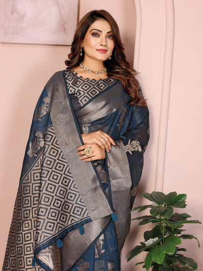 Navy Blue Organza Silk Banarasi Saree With Zari Weaving Work | Wedding & Festive Wear – JaipurSaaj