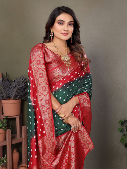 Green & Red Bandhej Silk Saree With Zari Weaving Work | Festive Wedding Wear – JaipurSaaj