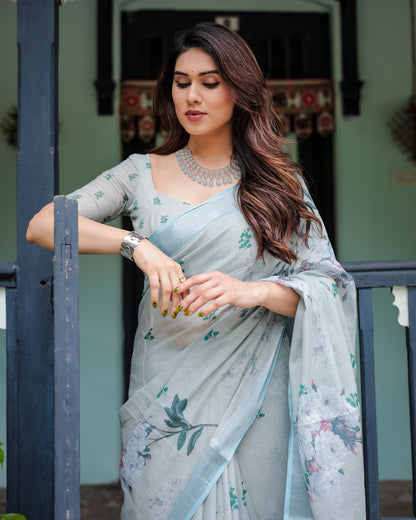 Pastel Green Floral Digital Printed Linen Cotton Saree | Office & Casual Ethnic Wear – JaipurSaaj