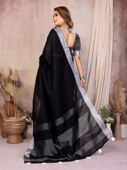 Black Linen Cotton Saree With Silver Zari Border