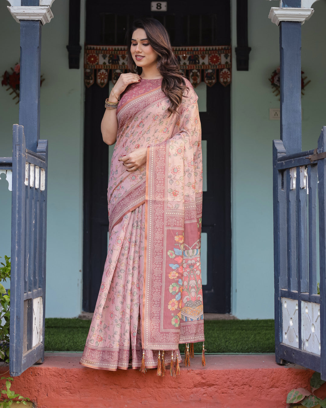 Baby Pink Soft Linen Cotton Saree With Kalamkari Printed Work