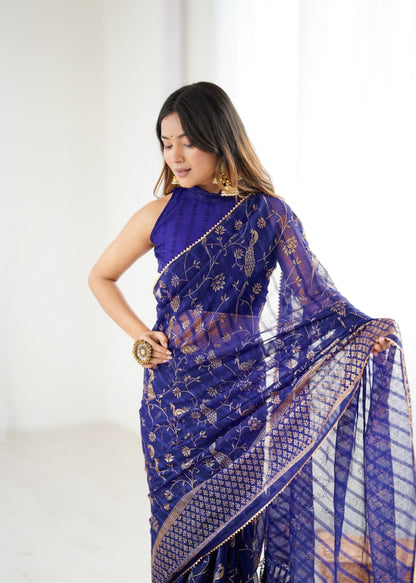 Violet Color Georgette Saree With Digital Printed Work And Lace Border