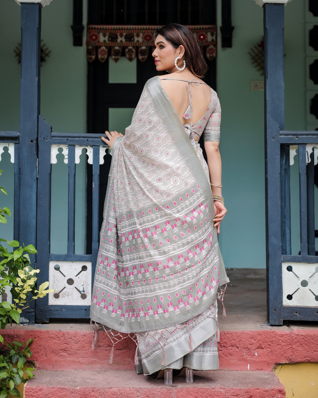 Gray Summer Special Digital Printed Linen Cotton Saree
