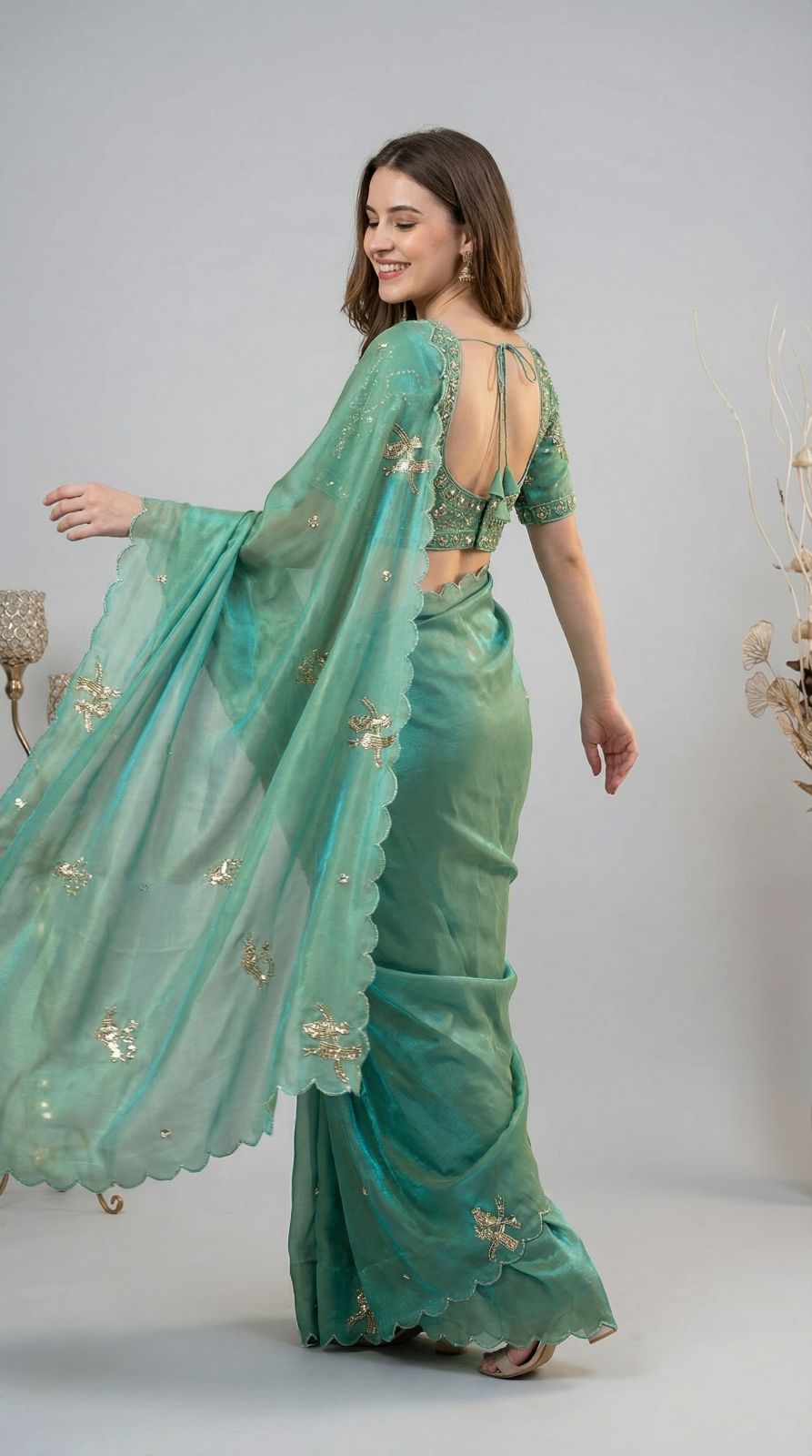 Firoji Fandy Satin Silk Saree With Heavy Shine Hand Work & Cutwork Border | Wedding & Party Wear - JaipurSaaj