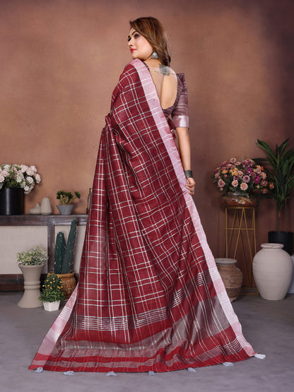 Red Linen Cotton Saree With Silver Zari Border