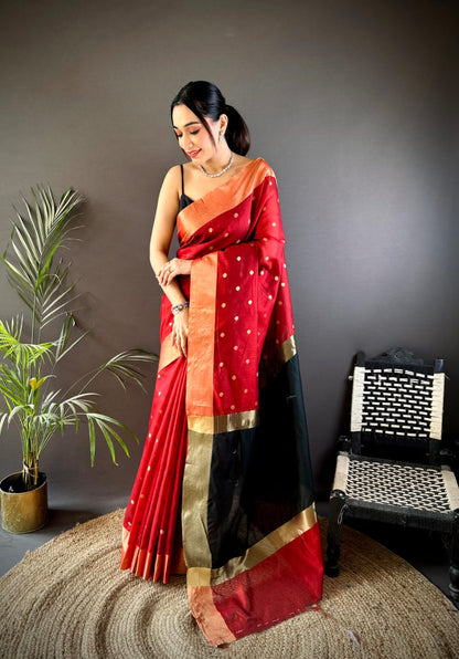Red Soft Cotton Silk Saree With Zari Woven Work | Wedding & Party Wear – JaipurSaaj