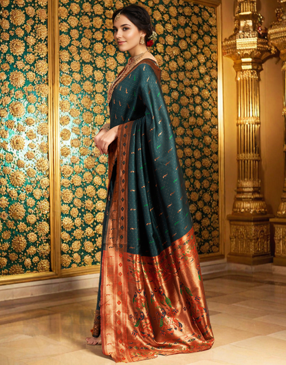 Traditional Dark Green Paithani Silk Saree With Zari Weaving Work
