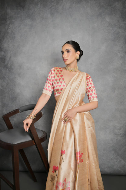 Yellow Tussar Silk Saree with Lotus Floral Printed Work | Festive & Party Wear – JaipurSaaj