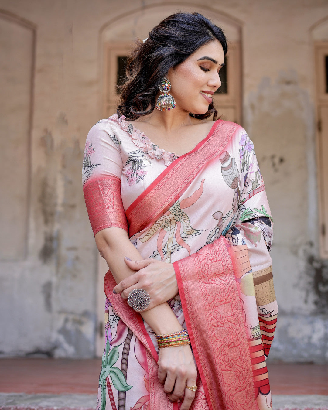 Multi Color Tussar Silk Saree With Digital Kalamkari Print & Zari Motif Border | Casual & Festive Wear – JaipurSaaj