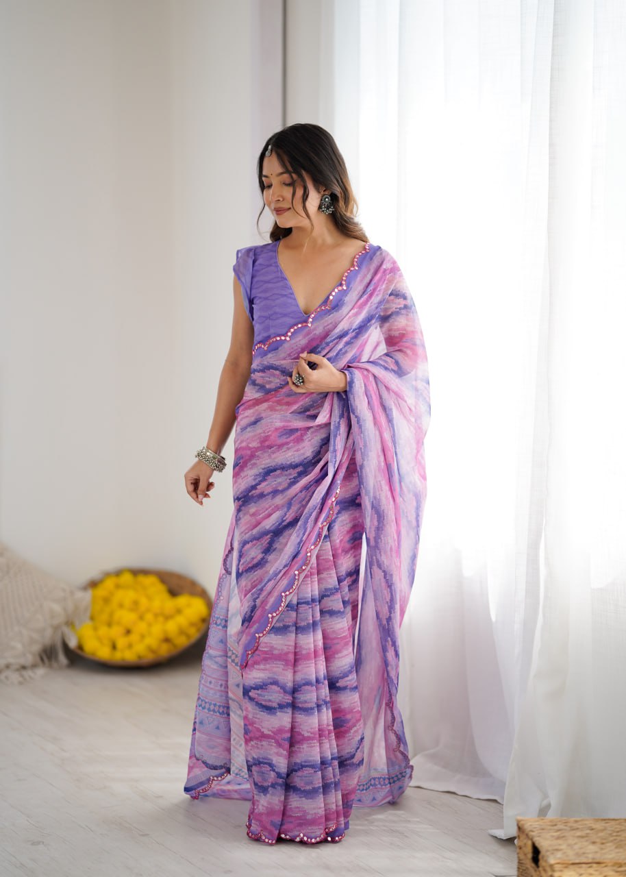 Purple Georgette Saree With Printed And Mirror Work With Arco Border