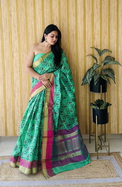 Sea Green Soft Cotton Saree With Jacquard Border