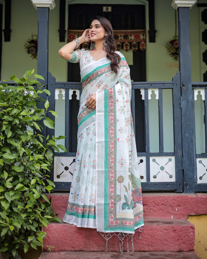 White Summer Special Digital Printed Linen Cotton Saree