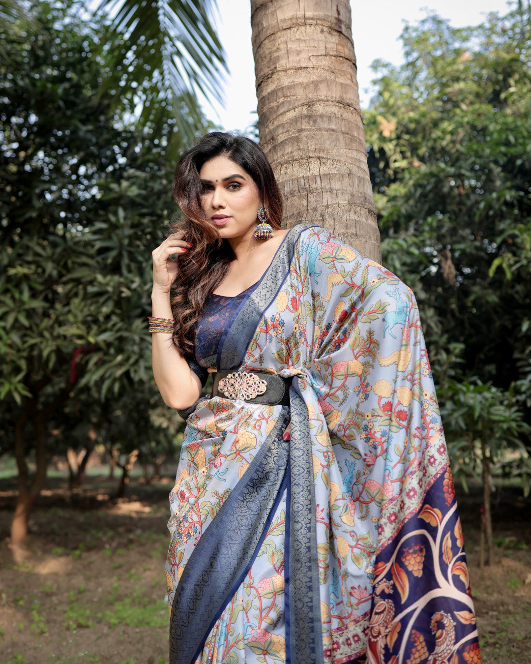Multi Color Kalamkari Digital Printed Tussar Silk Saree | Designer Festive Ethnic Wear – JaipurSaaj