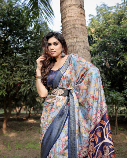 Multi Color Kalamkari Digital Printed Tussar Silk Saree | Designer Festive Ethnic Wear – JaipurSaaj