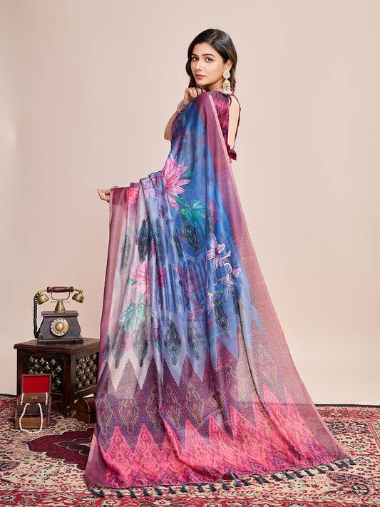 Blue Soft Linen Cotton Saree With Floral Printed Work