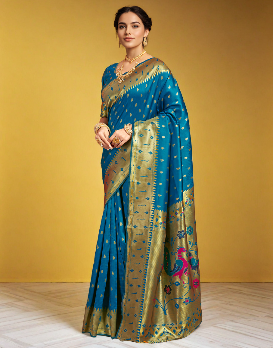 Traditional Firoji Paithani Silk Saree With Zari Weaving Work