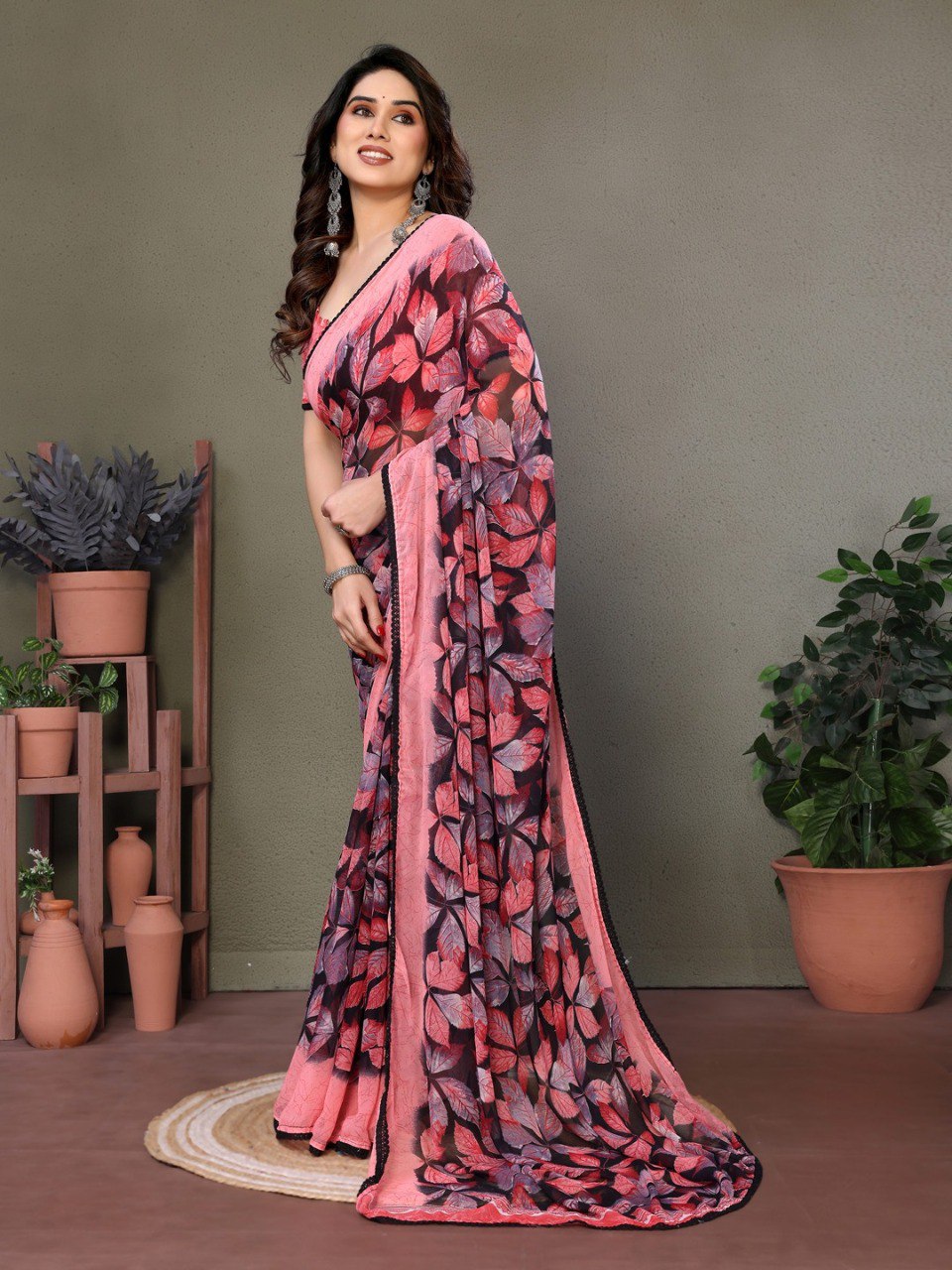 Pink Soft Chiffon Saree With Printed Work And Lace Border