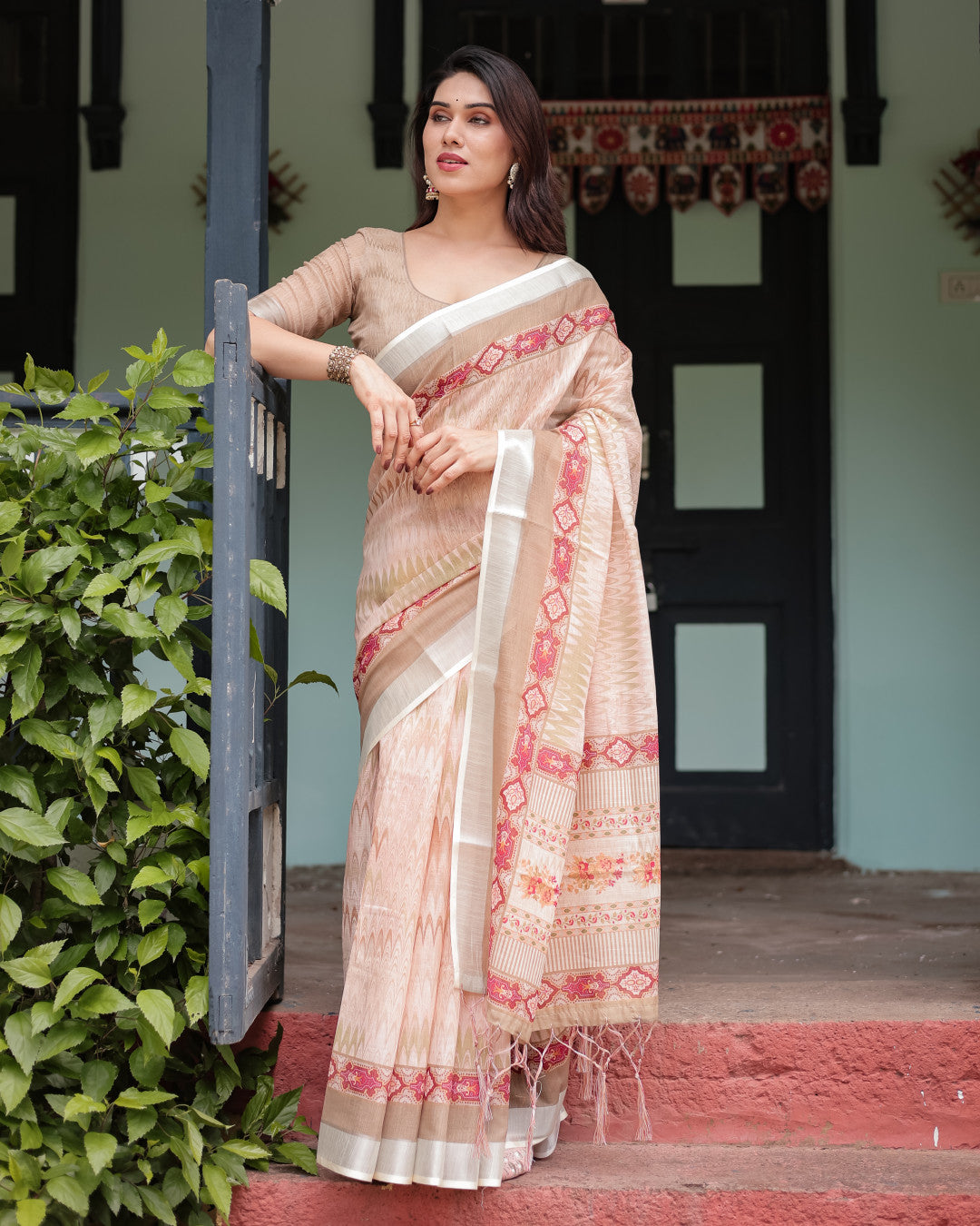 Beige Soft Linen Cotton Saree With Digital Printed Work