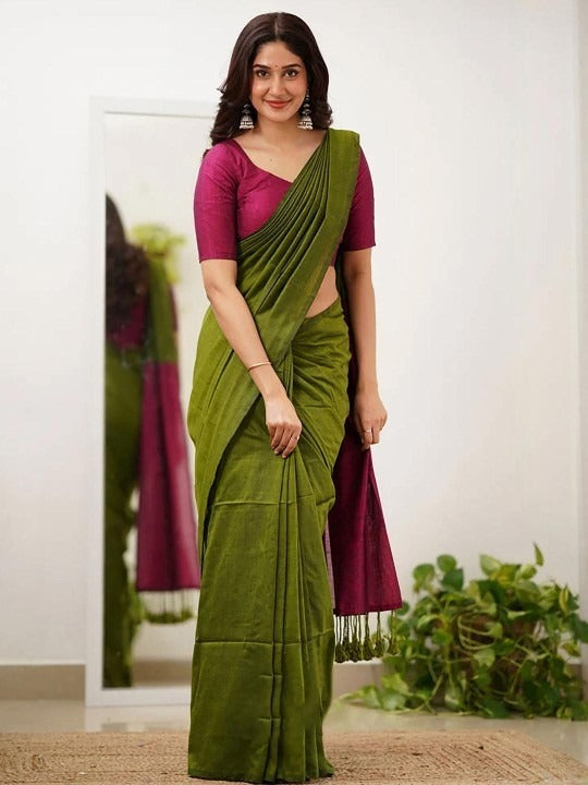 Mahendi Green Color Plain Khadi Cotton Saree With Fancy Tassel Work