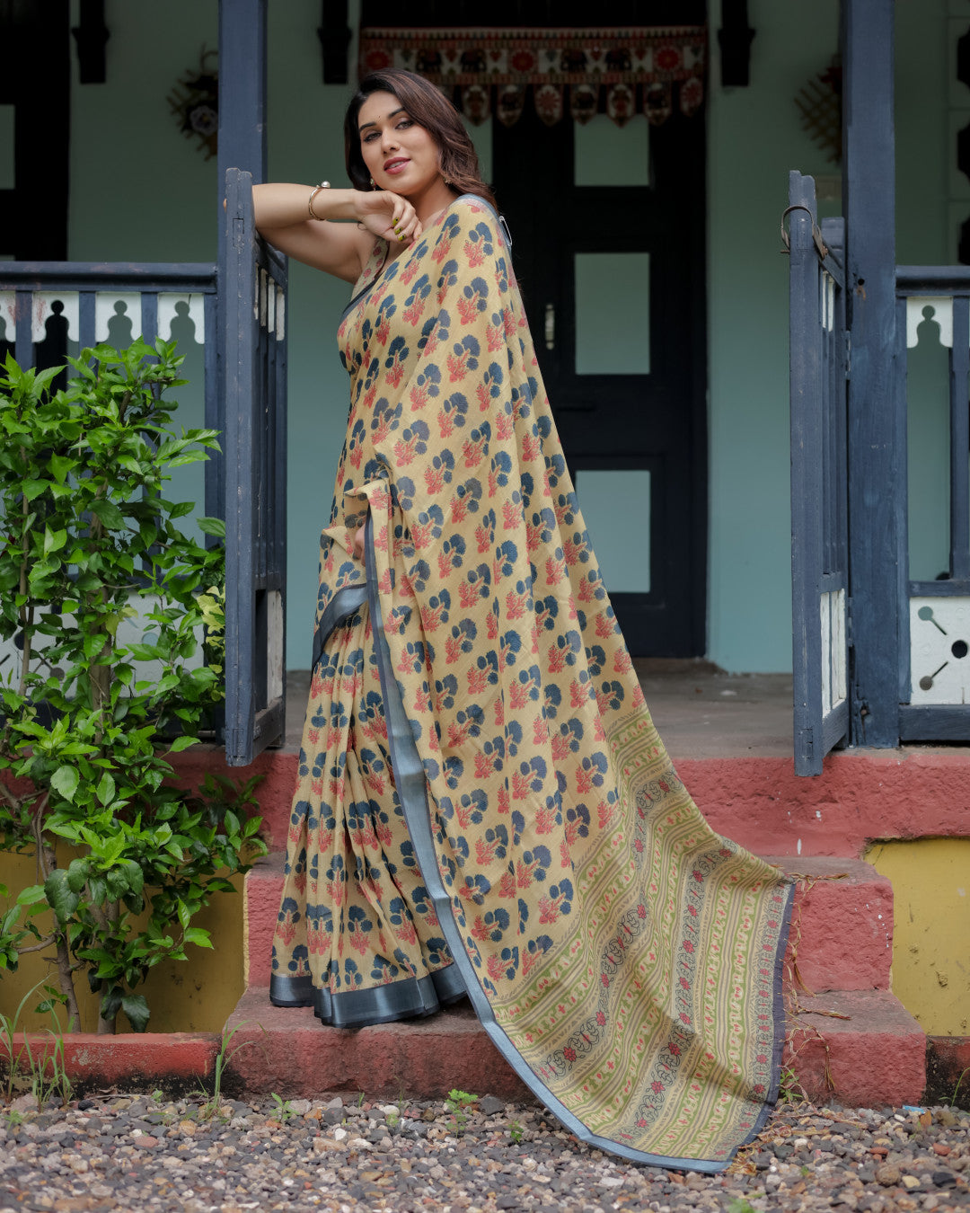 Multi Floral Digital Printed Linen Cotton Saree